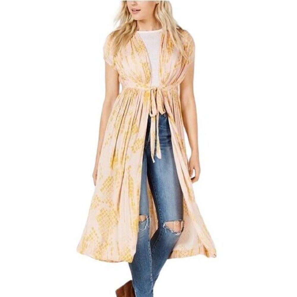 Free People Satin Kimono Duster Robe Top Womens Large Pink Long - Picture 7 of 13